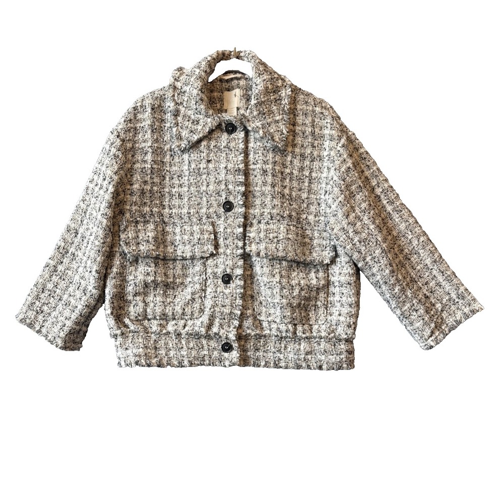 HM Boucle Tweed Cropped Shacket Jacket M Plaid Button Utility Pocket Bomber Raw